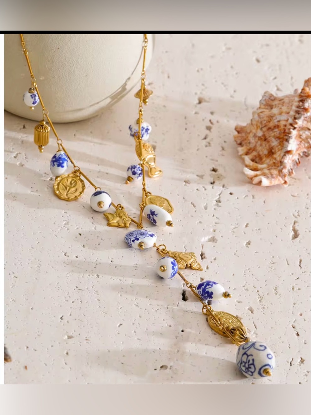 Blue & White Porcelain Charm Necklace – Gold Plated Statement Necklace - Picture 8 of 9